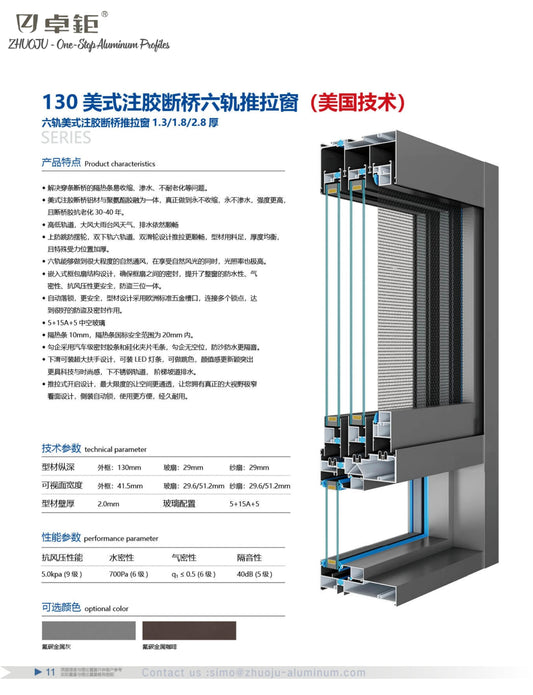 130 美式注胶断桥六轨推拉窗